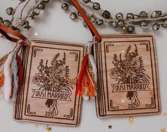 Just Married wooden ornament, Christmas tag, wedding, first Christmas married, Mr. and Mrs, Bride and groom, personalized, customized, vows
