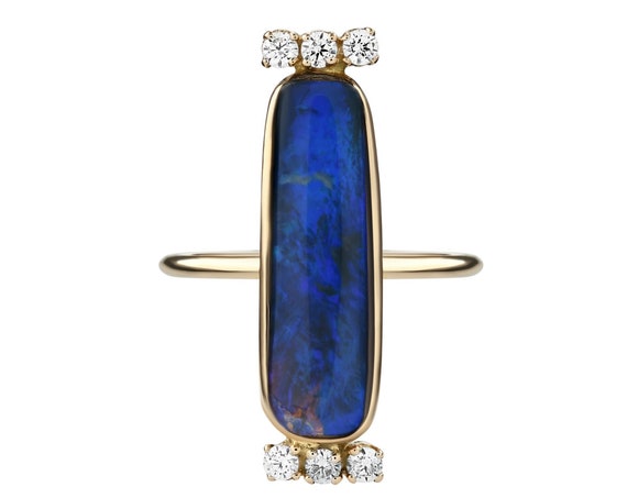 Australian Blue Opal Ring | Oval Diamond Ring | Blue Fire Opal Ring | Opal Diamond Ring | Opal 18k Gold Plated Ring | Blue Oval Opal Ring