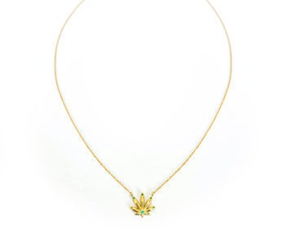 Gold Marijuana Leaf Necklace, Gold Leaf Necklace, Marijuana Necklace, Emerald Stone Necklace, Cannabis Leaf Necklace, 18k Gold Necklace
