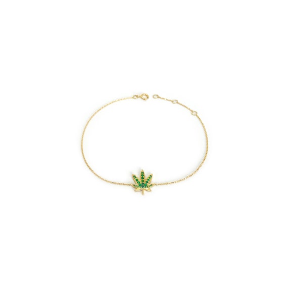 Marijuana leaf gold bracelet / Leaf emerald bracelet / Green emerald stone gold bracelet / Cannabis leaf gold bracelet / 18k gold bracelet