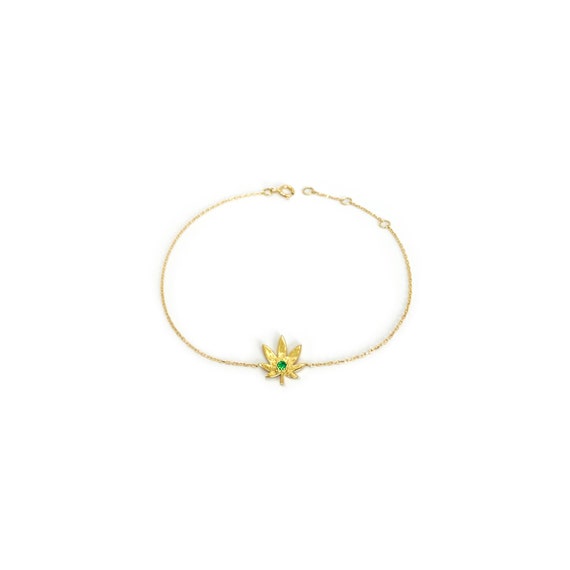 Marijuana bracelet gold - Cannabis leaf gold bracelet - Emerald stone 18k gold bracelet - Custom gold bracelet cannabis - Leaf gold bracelet