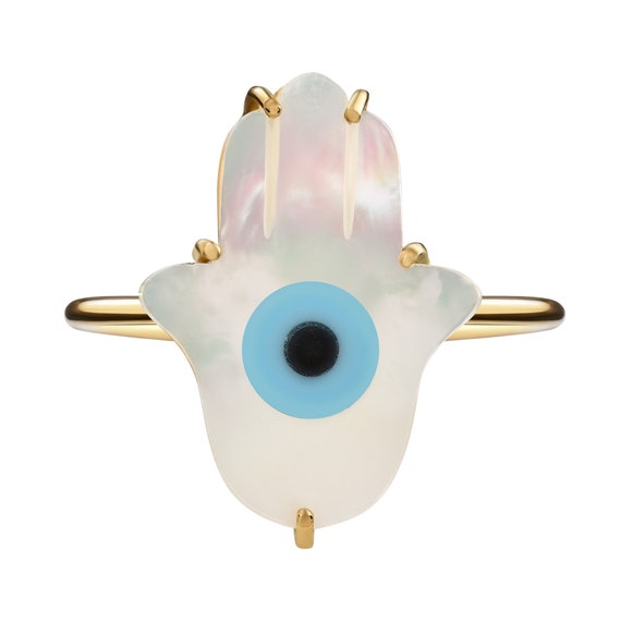 Mother of pearl hamsa hand / Evil eye gold ring / Hamsa ring / Good luck ring / good luck eye ring