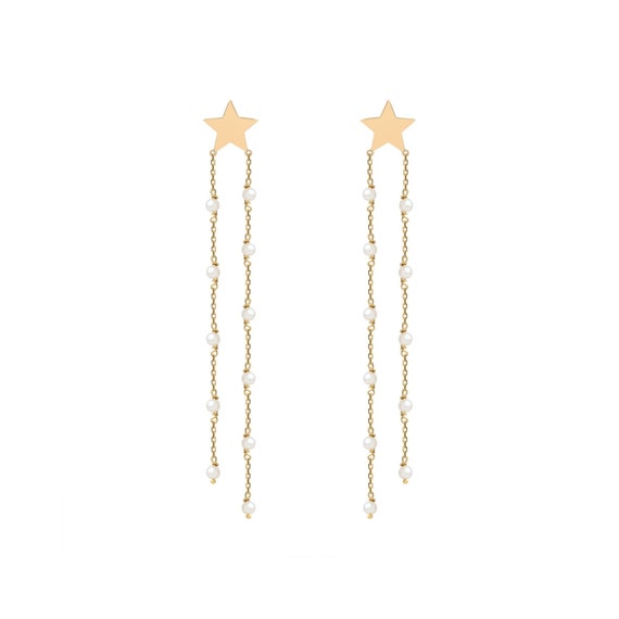 Fresh Water Pearl Dangling Gold Star Earrings | Dainty Star Earrings | Pearl Earrings | Pearl Dangling Earrings | Gold Star Drop Earrings