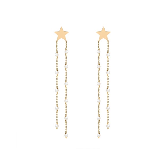 Fresh Water Pearl Dangling Gold Star Earrings | Dainty Star Earrings | Pearl Earrings | Pearl Dangling Earrings | Gold Star Drop Earrings