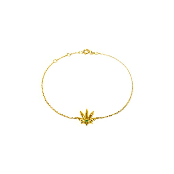 Cannabis leaf gold bracelet - Emerald stone 18k gold bracelet - Marijuana bracelet gold - Leaf gold bracelet - Custom gold bracelet cannabis