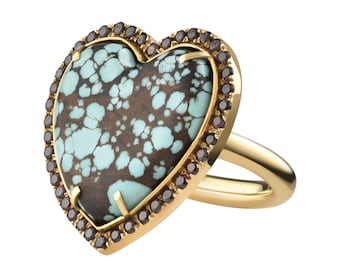 Hjärtguldring - Vintage hjärtring - Turkosring - Diamantturkosring - Guldturkosring - Kärleksring i 18k guld - brun diamant