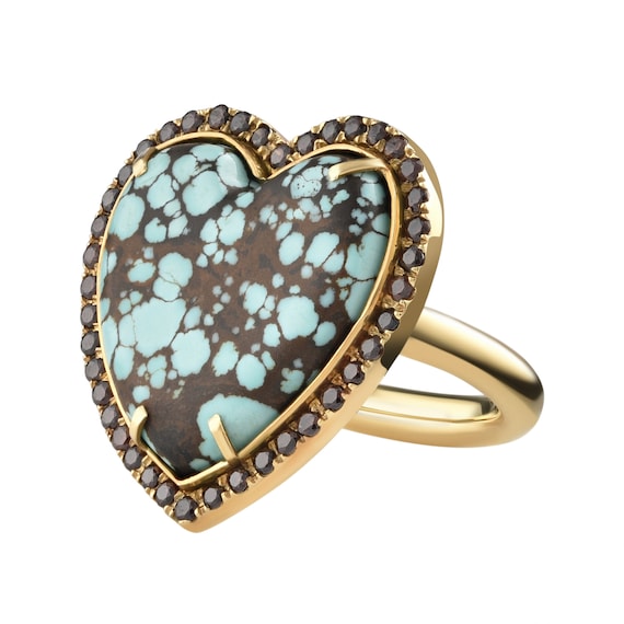 Gold Heart Ring - Vintage Heart Ring - Turquoise Ring - Diamond turquoise ring - Gold Turquoise Ring - 18k Gold Love Ring - brown Diamond