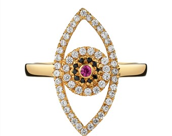 Böses Auge Rubin Zentrum Ring | Diamant-Ring-Auge böse | Roter Rubin Edelstein gold Ring | Rubin-Gold-Ring mit Diamanten | 18 k gold böse Augenring
