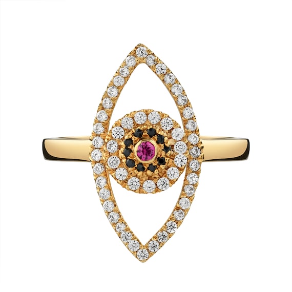 Evil eye ruby center ring | Diamond ring eye evil | Red ruby gemstone gold ring | Ruby gold ring with diamonds | 18k gold evil eye ring