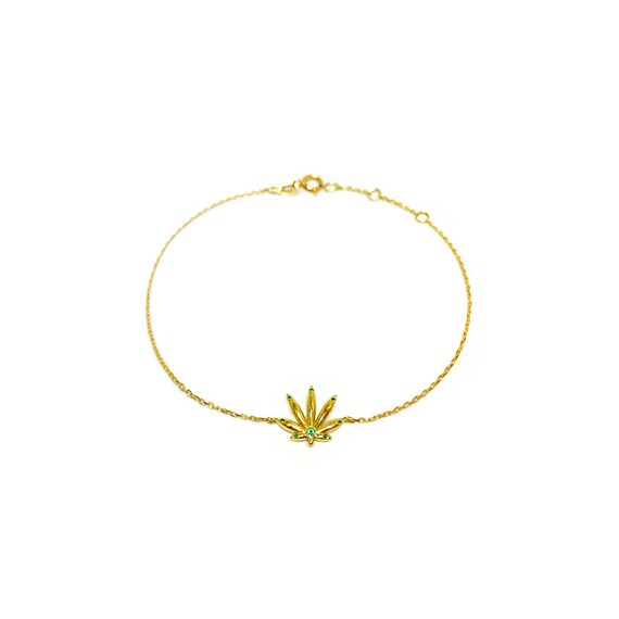 Leaf Emerald Bracelet | Green Emerald Stone Gold Bracelet | Cannabis Leaf Gold Bracelet | 18k Gold Bracelet | Marijuana Leaf Gold Bracelet