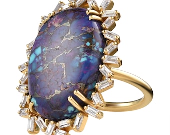 Rare Purple Turquoise Ring - Baguette Diamond Ring- Turquoise & Gold Ring - Turquoise Stone Ring - 18K Gold Turquoise Ring - Gold oval ring