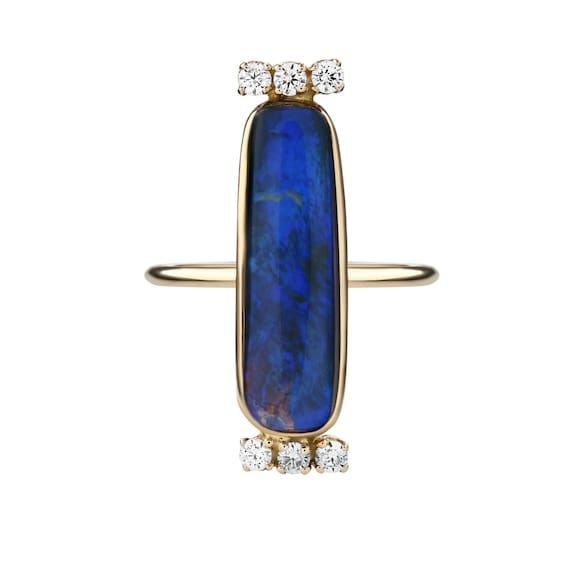 Australian Blue Opal Ring | Oval Diamond Ring | Blue Fire Opal Ring | Opal Diamond Ring | Opal 18k Gold Plated Ring | Blue Oval Opal Ring