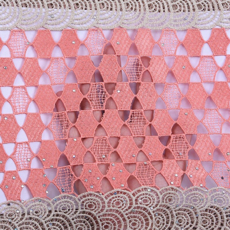 High-Quality Guipure Cord Lace Fabric Net Design Water Soluble Cord Lace With Rhinestones.