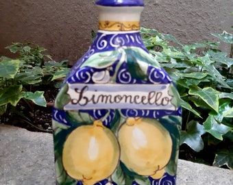 Medium limoncello bottle handmade, hand-painted with grapes, Florence skyline, sunflowers, lemons designs