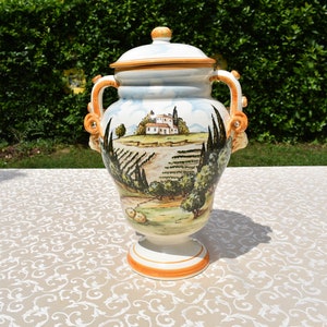 Tuscan albarello", jar handmade, hand-painted with tuscany contryside design and in a very traditional shape