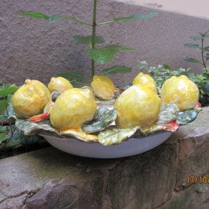 Tuscan centerpiece bowl handmade, hand-painted with lemons and green leaves