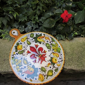 Ceramic trivet handmade, hand painted with &#39;Firenze&#39; Florence, fleur de lis design