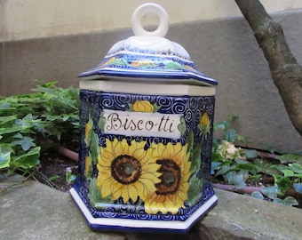 Tuscan ceramic cookie jar handmade, hand painted in traditional lemons or sunflowers design