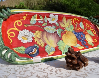 Tuscan centerpiece handmade, hand-painted with typical lemons design with red ,green, yellow and detailed handles