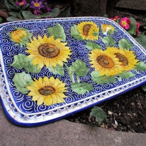 Tuscan ceramic platter handmade, hand painted with sunflowers, lemons, leaves designs