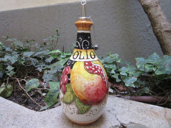 Tuscan Olive Oil Dispenser Olio Handmade, Hand-painted With Fruits on Black  Design 