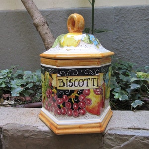 Tuscan ceramic cookie jar handmade, hand painted in traditional fruits on black design