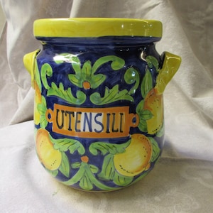 Tuscan ceramic utensil holder handmade, hand painted with lemons,grapes and sea star very traditional designs