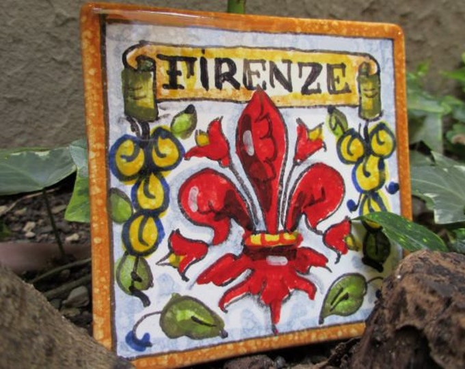 Small ceramic tile handmade, hand painted with Florence 'Firenze', Florentine fleur-de-lis, sun, peacock designs