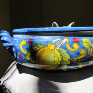 Tuscan ceramic centerpiece bowl with handles handmade, hand painted with lemons design