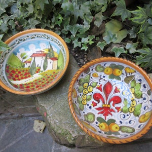 Tuscan ceramic bowl handmade, hand painted with lemons, sunflowers, Tuscany countryside, fleur-de-lis designs