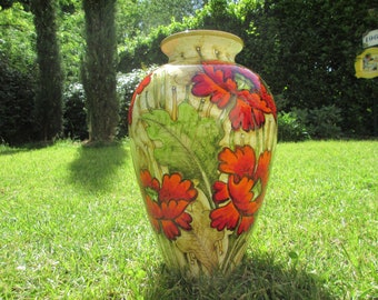 Tuscan vase handmade, hand-painted with very detailed modern poppies on a very traditional shape