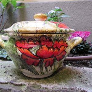 Tuscan ceramic cookie jar handmade, hand painted with poppies flowers design