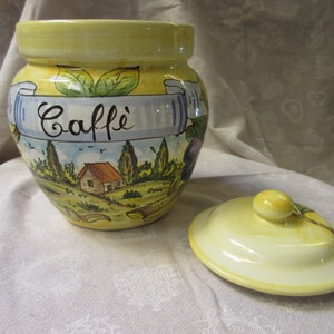 Caffe'/café ou 'zucchero/pote de açúcar em cerâmica toscana feito à mão, pintado à mão com desenhos paisagísticos