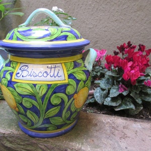 Tuscan ceramic cookie jar handmade, hand painted in lemons and blue design