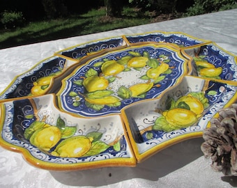 Tuscan tray/antipasto dish handmade ceramic, hand painted with lemons on blue design