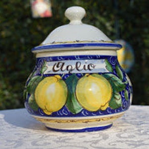 Tuscan ceramic ‘aglio’ garlic jar handmade, hand painted with sunflowers designs