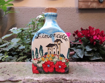 Medium limoncello bottle handmade, hand-painted with grapes, Florence skyline, sunflowers, lemons designs