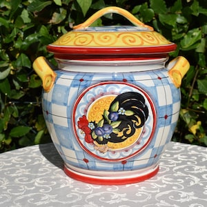 Tuscan ceramic cookie jar handmade, hand painted in a cicken design