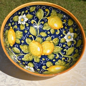 Tuscan ceramic pasta bowl handmade, hand painted with lemons on blue designs