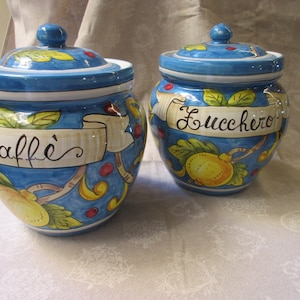 Café toscano de cerâmica / café ou 'zucchero / pote de açúcar feito à mão, pintado à mão com desenhos de limões