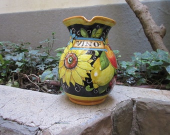 Tuscan wine pitcher handmade, hand painted 'vino' with grapes, sunflower, lemons and pomegranades on black