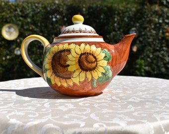 Tuscan teapot handmade, hand-painted with lemons, poppies and fruits