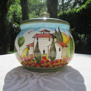 Tuscan ceramic ‘cipolla’ onion jar handmade, hand painted with countryside designs
