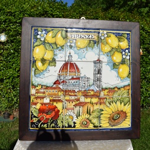 Small ceramic tile handmade, hand painted with Florence &#39;Firenze&#39;, Florentine fleur-de-lis, sun, peacock designs
