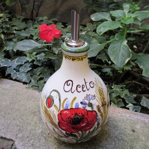 Tuscan oil container handmade ceramic, hand-painted &#39;olio &#39; with lemons, grapes, sunflowers designs