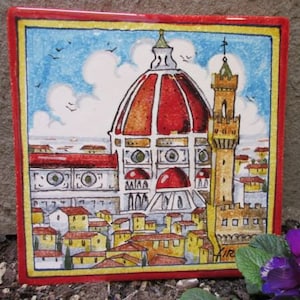 Large ceramic tile handmade, hand painted with Florence Duomo city skyline