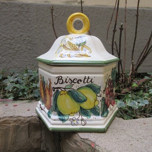 Tuscan ceramic cookie jar handmade, hand painted in lemons on blue design
