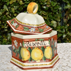 Tuscan ceramic cookie jar handmade, hand painted traditional design