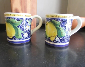 Tuscan mugs (set of 2) handmade, hand-painted with peacock, geometric designs