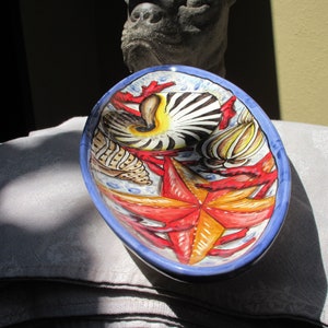 Könnte beinhalten: Eine blaue und weiße Keramik Schale mit einem Design aus Seestern, Muscheln und Korallen. Die Schale ist oval geformt und hat eine glänzende Oberfläche.